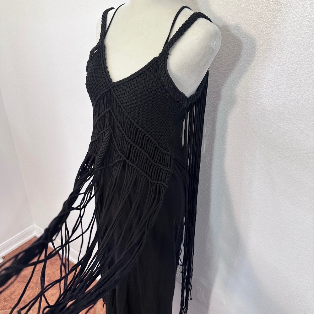 Ralph Lauren Macrame Fringe Boho Maxi Dress Women Small Black